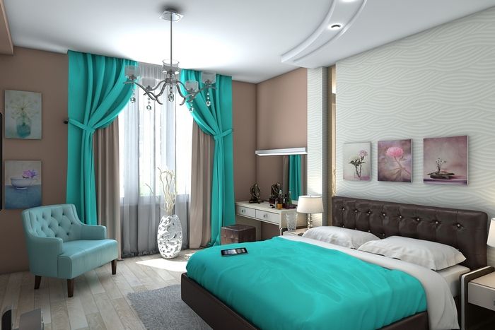 Rideaux turquoise dans la chambre