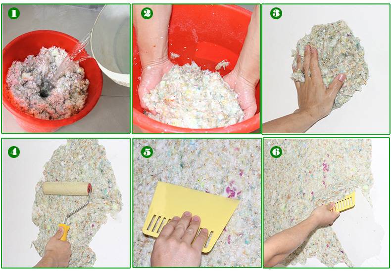 Le processus de préparation et d'application du papier peint liquide.