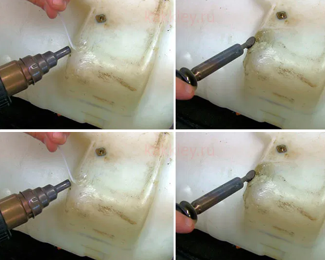 Réparer un réservoir de pulvérisateur en plastique avec un sèche-cheveux.