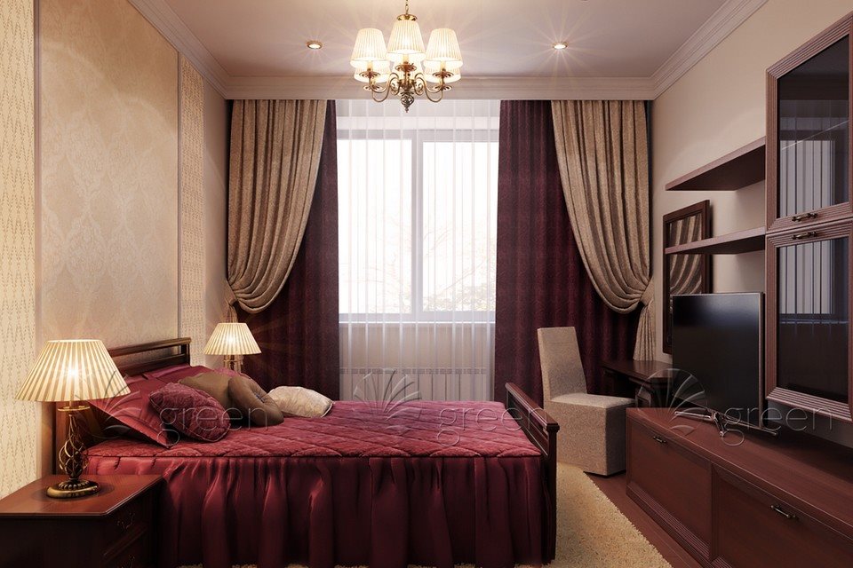 Chambre beige et bordeaux.